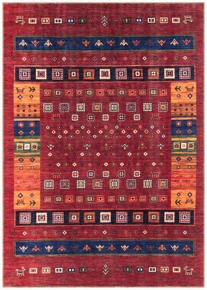 Antique Afghan medallion area rug in burgundy and multicolor with faded coral