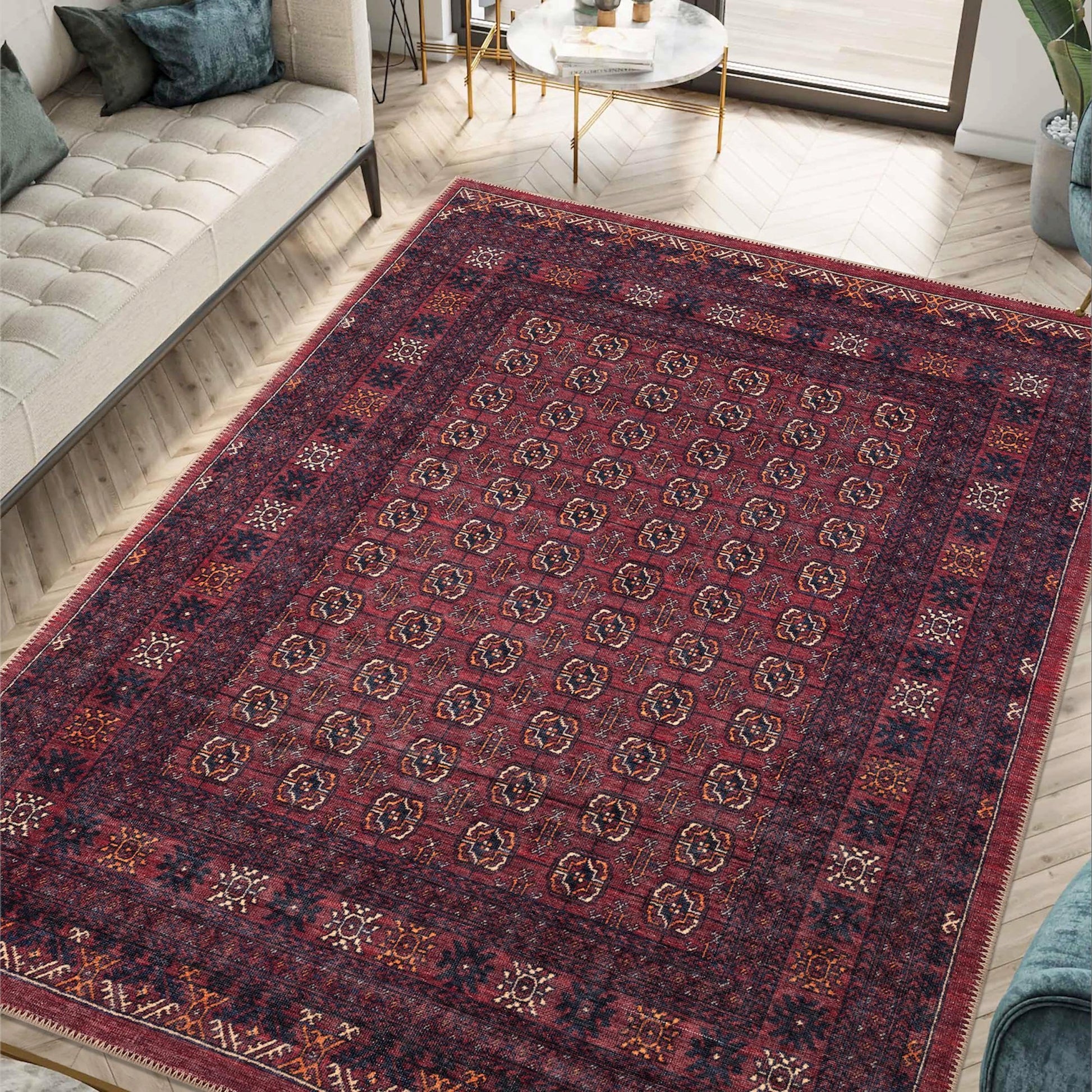 Burgundy and navy striped Afghan rug styled in a boho living room