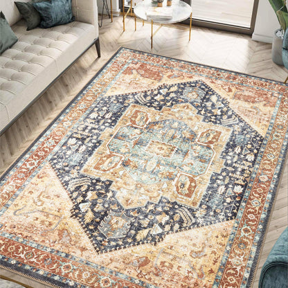 Navy and rust Heriz rug styled in a classic heritage living room