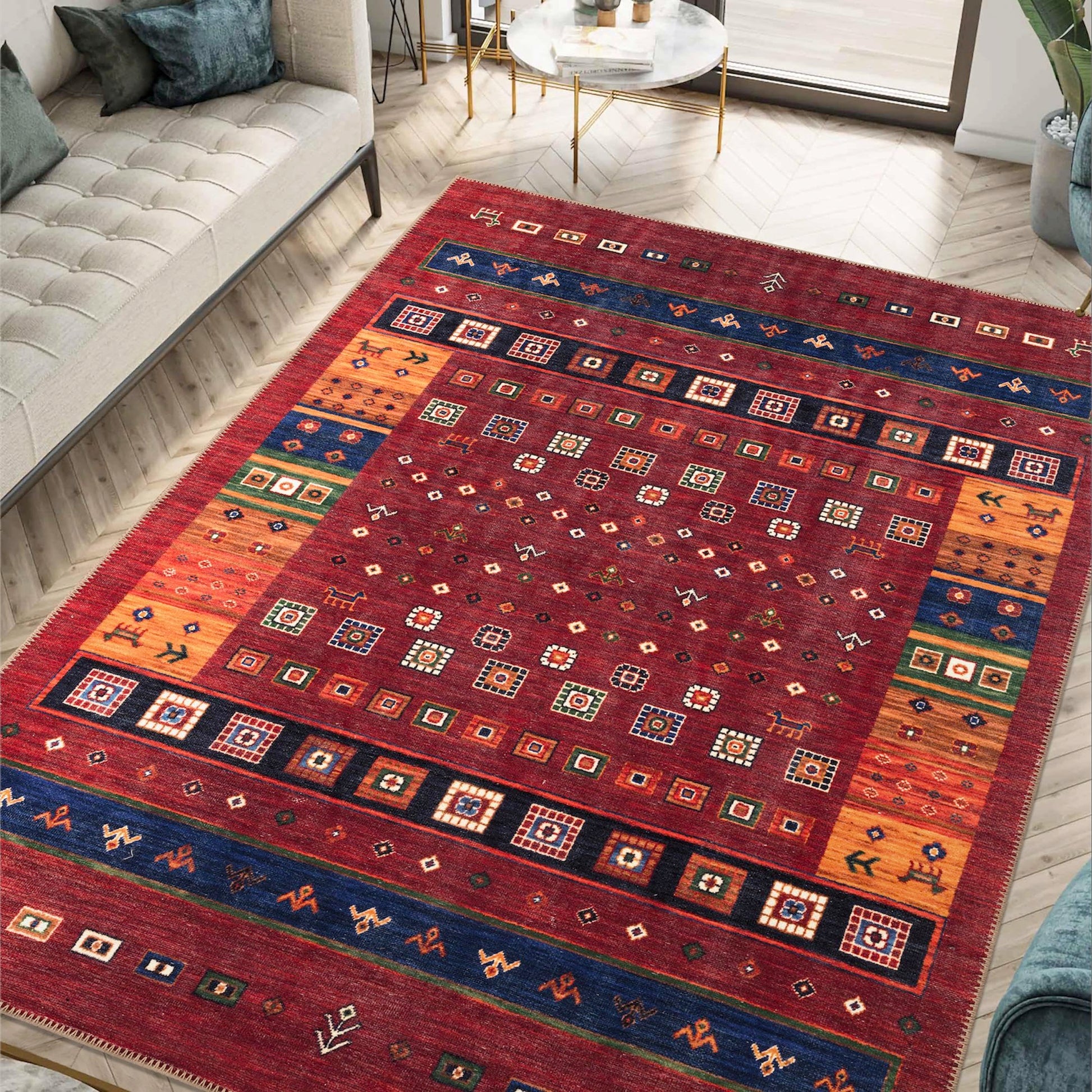 Faded Afghan medallion rug styled in a romantic living room