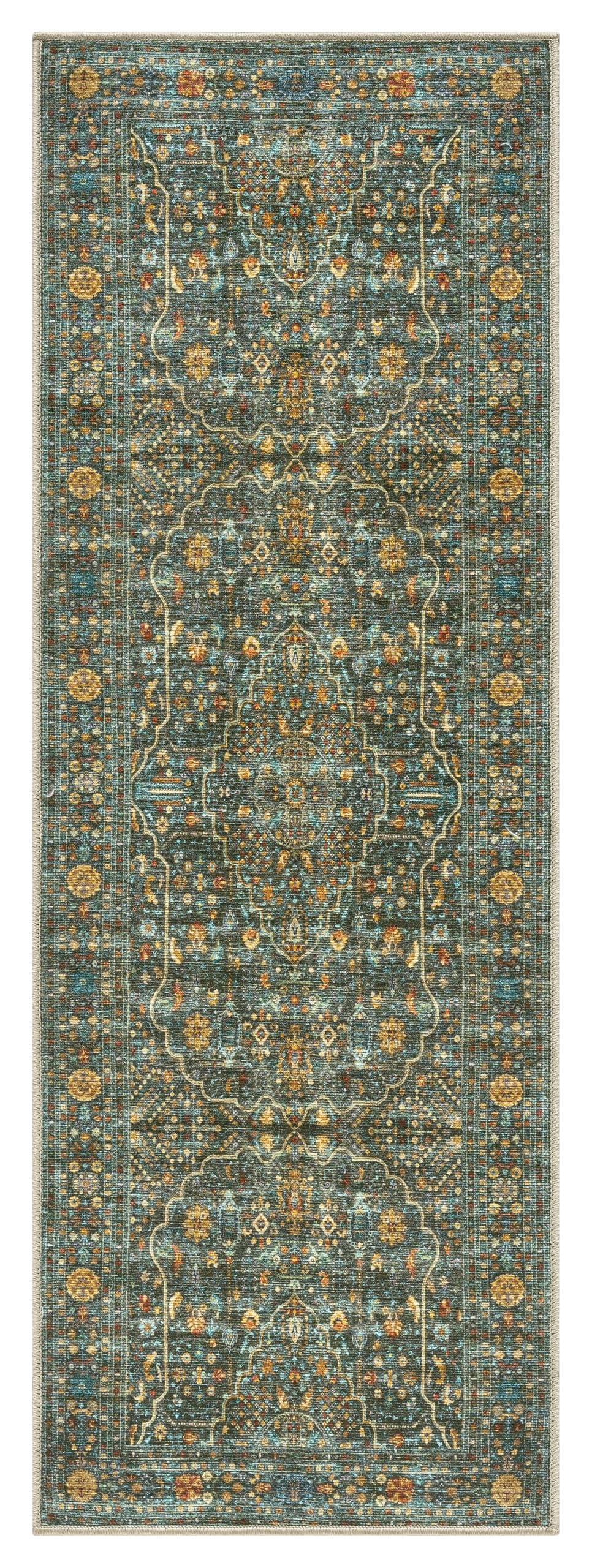 Isfahan rug in a designer living room with chesterfield sofa