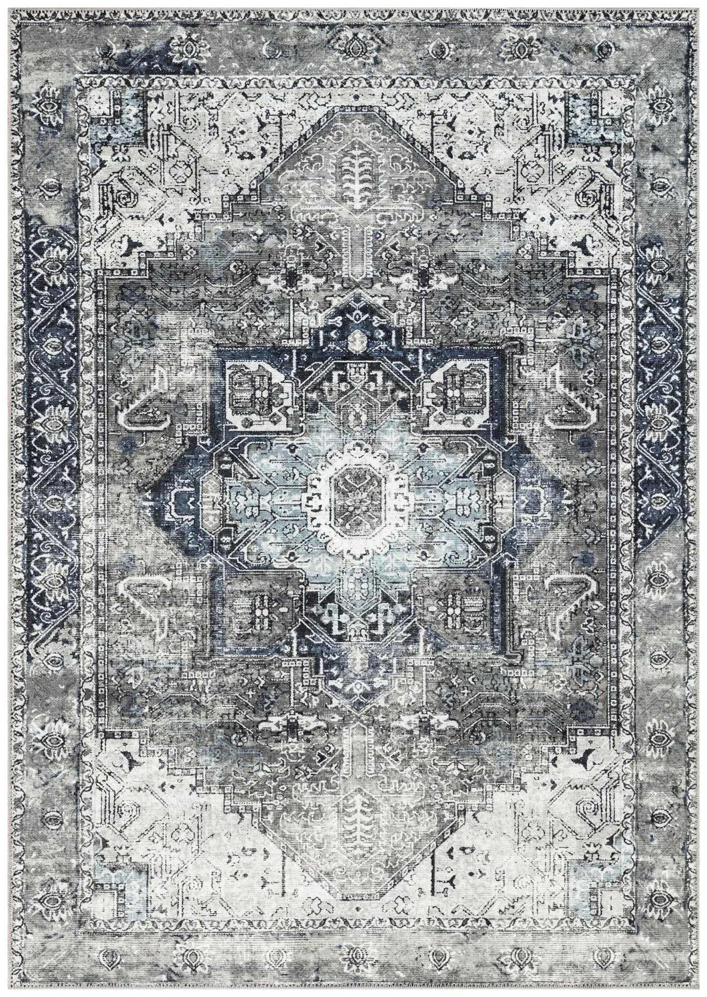 Distressed Heriz Persian area rug in charcoal gray and navy with faded medallion