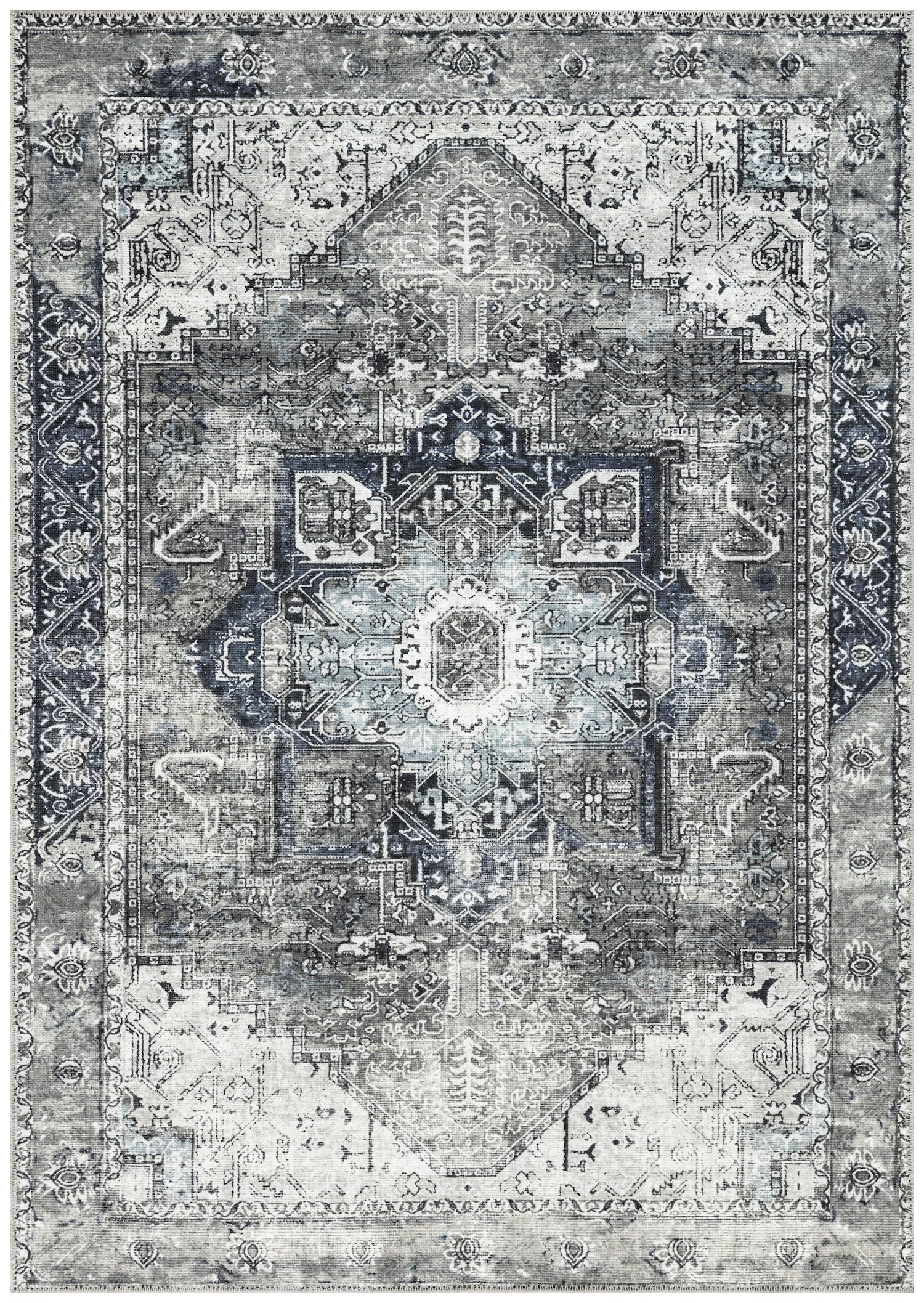 Distressed Heriz Persian area rug in charcoal gray and navy with faded medallion