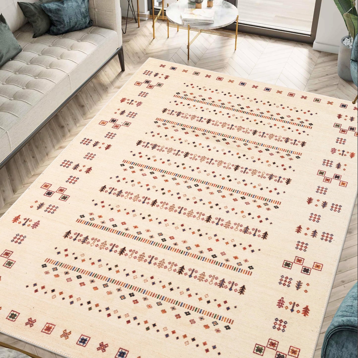 Ivory Gabbeh banded rug styled in a Scandinavian minimalist living room