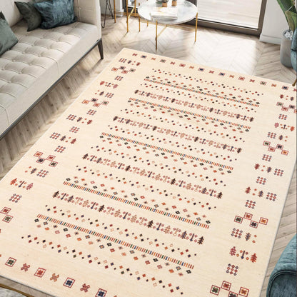Ivory Gabbeh banded rug styled in a Scandinavian minimalist living room