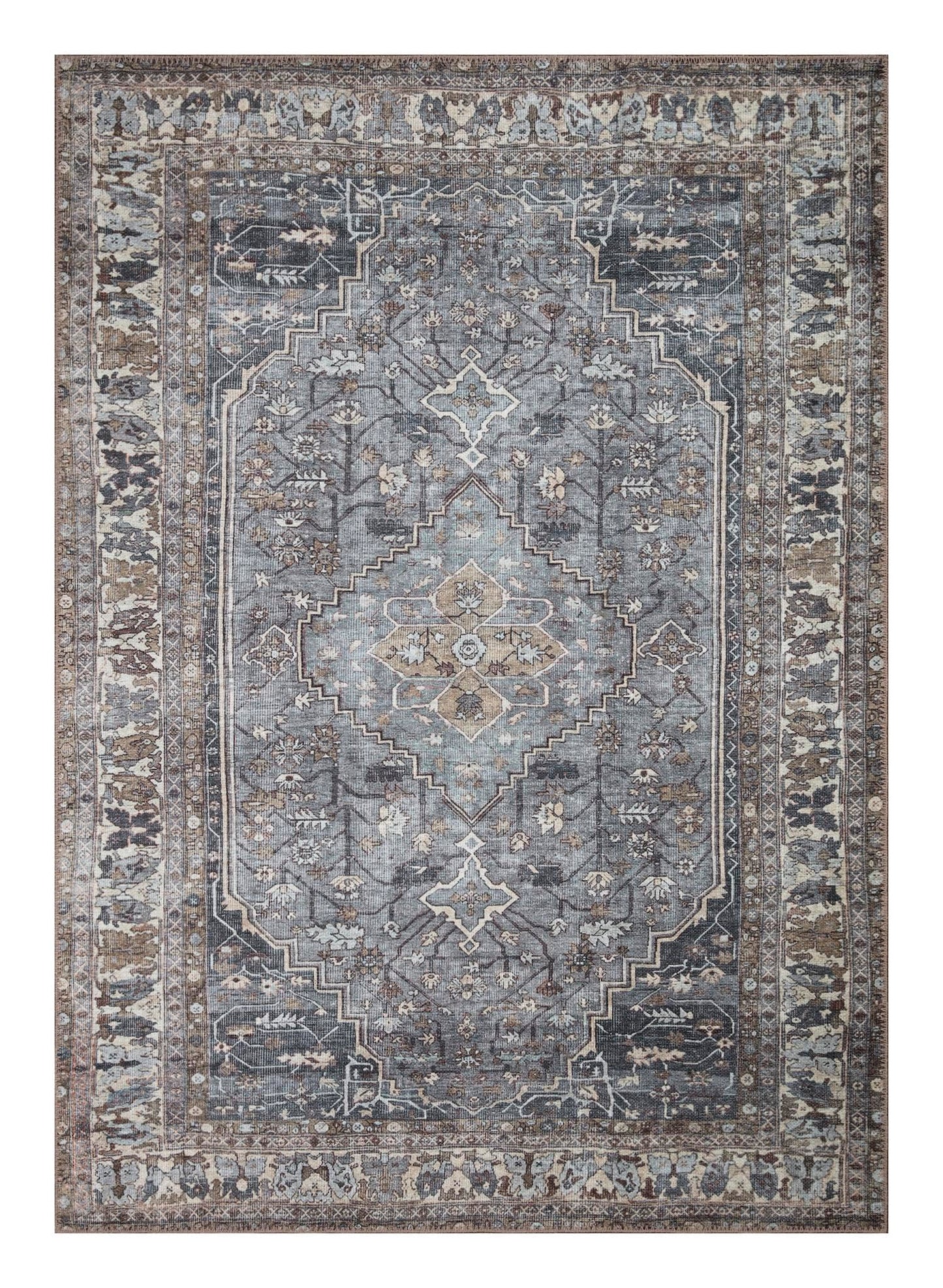 Vintage Heriz Persian area rug in slate blue and taupe with faded medallion