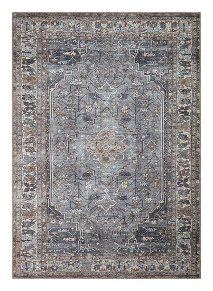 Vintage Heriz Persian area rug in slate blue and taupe with faded medallion