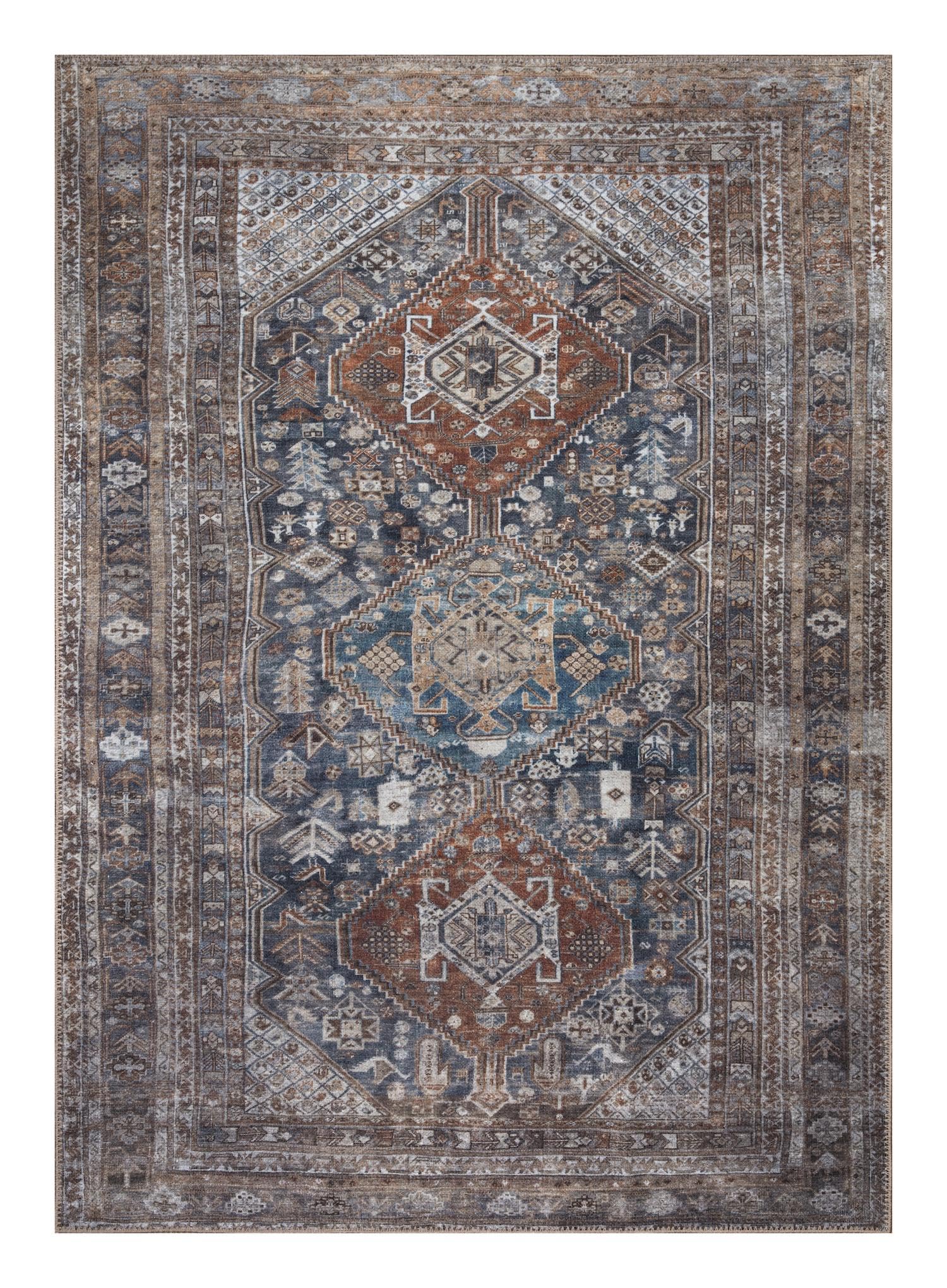 Antique Bakshaish Persian area rug in coral and navy with stepped-diamond ivory medallion