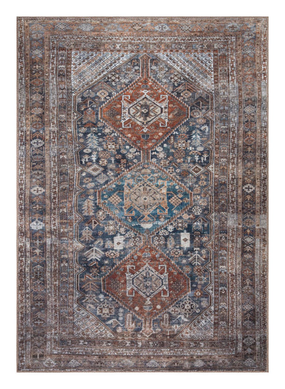 Antique Bakshaish Persian area rug in coral and navy with stepped-diamond ivory medallion
