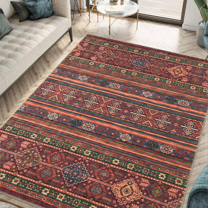 Burgundy Turkish kilim styled in a Mediterranean living room