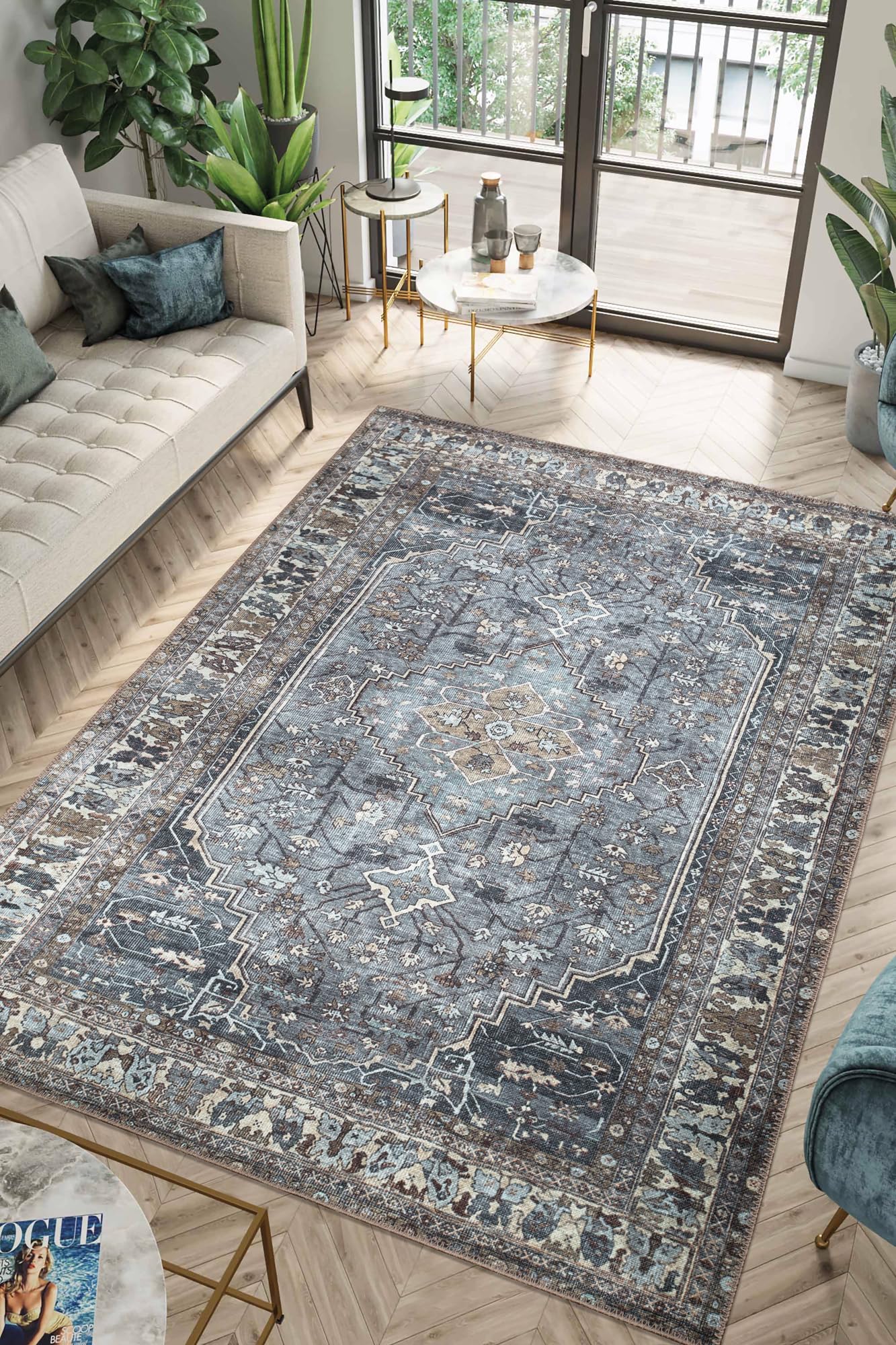 Slate blue Heriz rug styled in a coastal cottage living room
