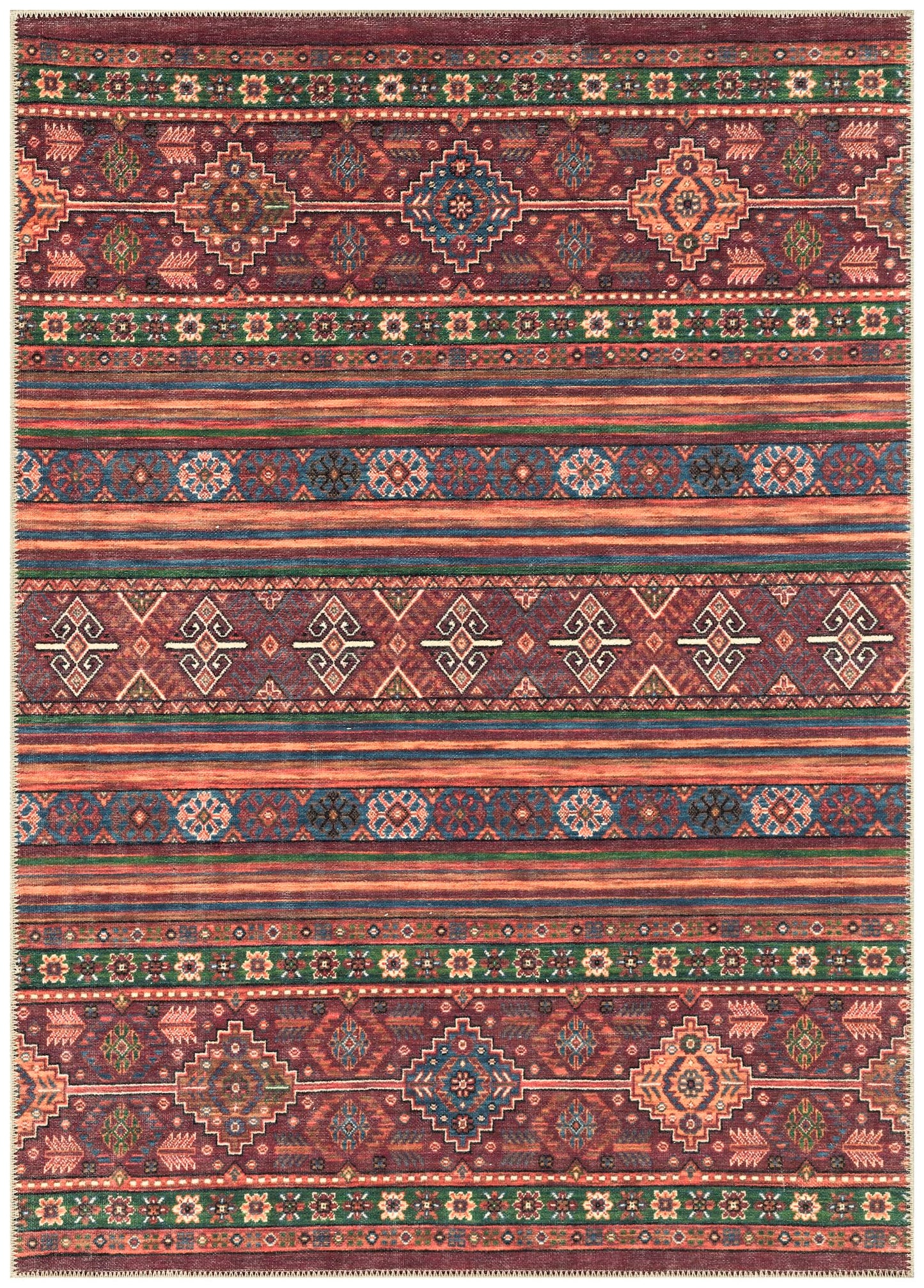 Turkish Anatolian kilim area rug in burgundy and multicolor with banded tribal motifs