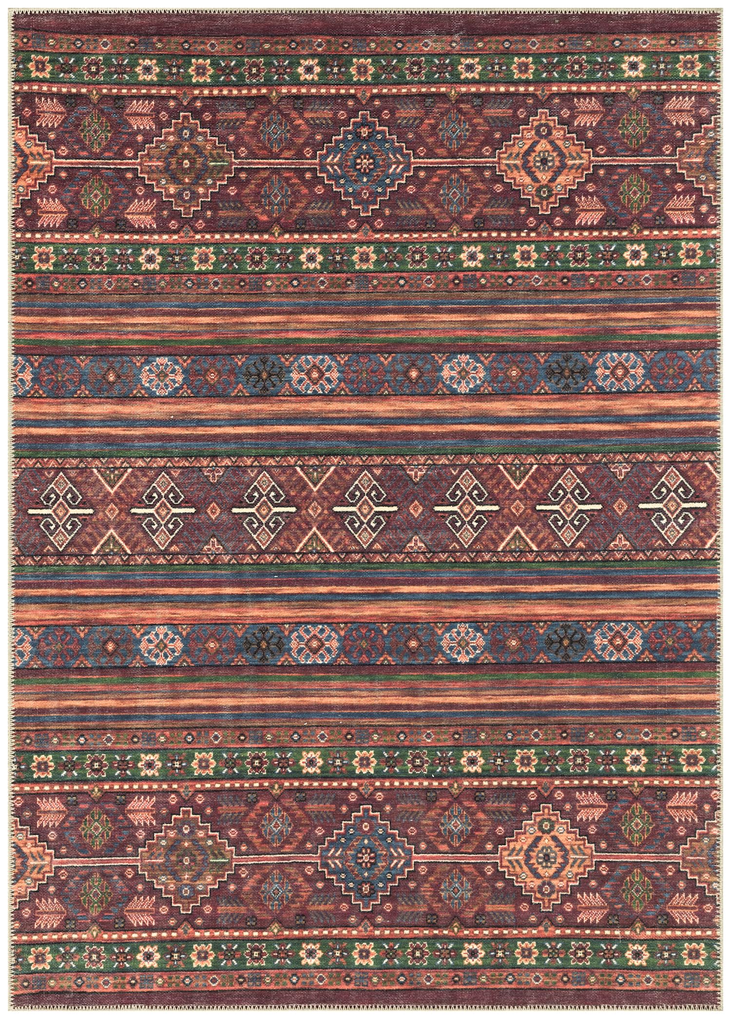 Turkish Anatolian kilim area rug in burgundy and multicolor with banded tribal motifs