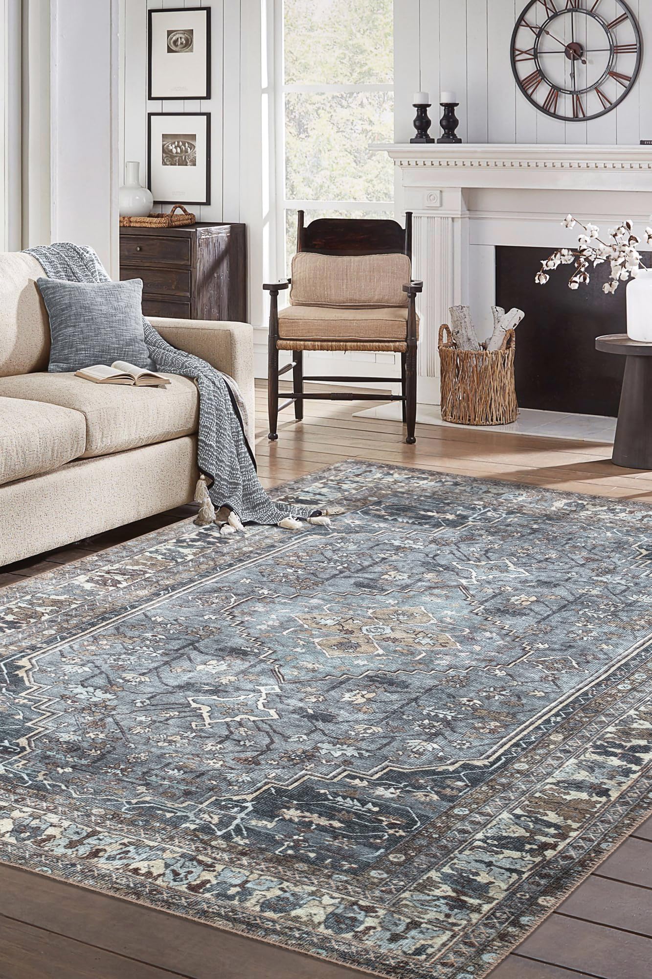 Top-down view of the slate blue and taupe vintage Heriz Persian rug