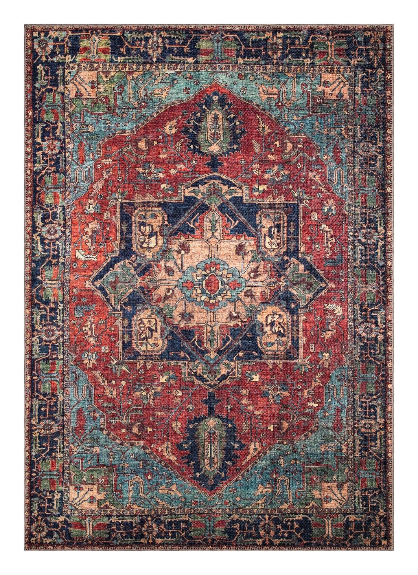 Antique Mahal Persian area rug in red and navy with all-over palmette design