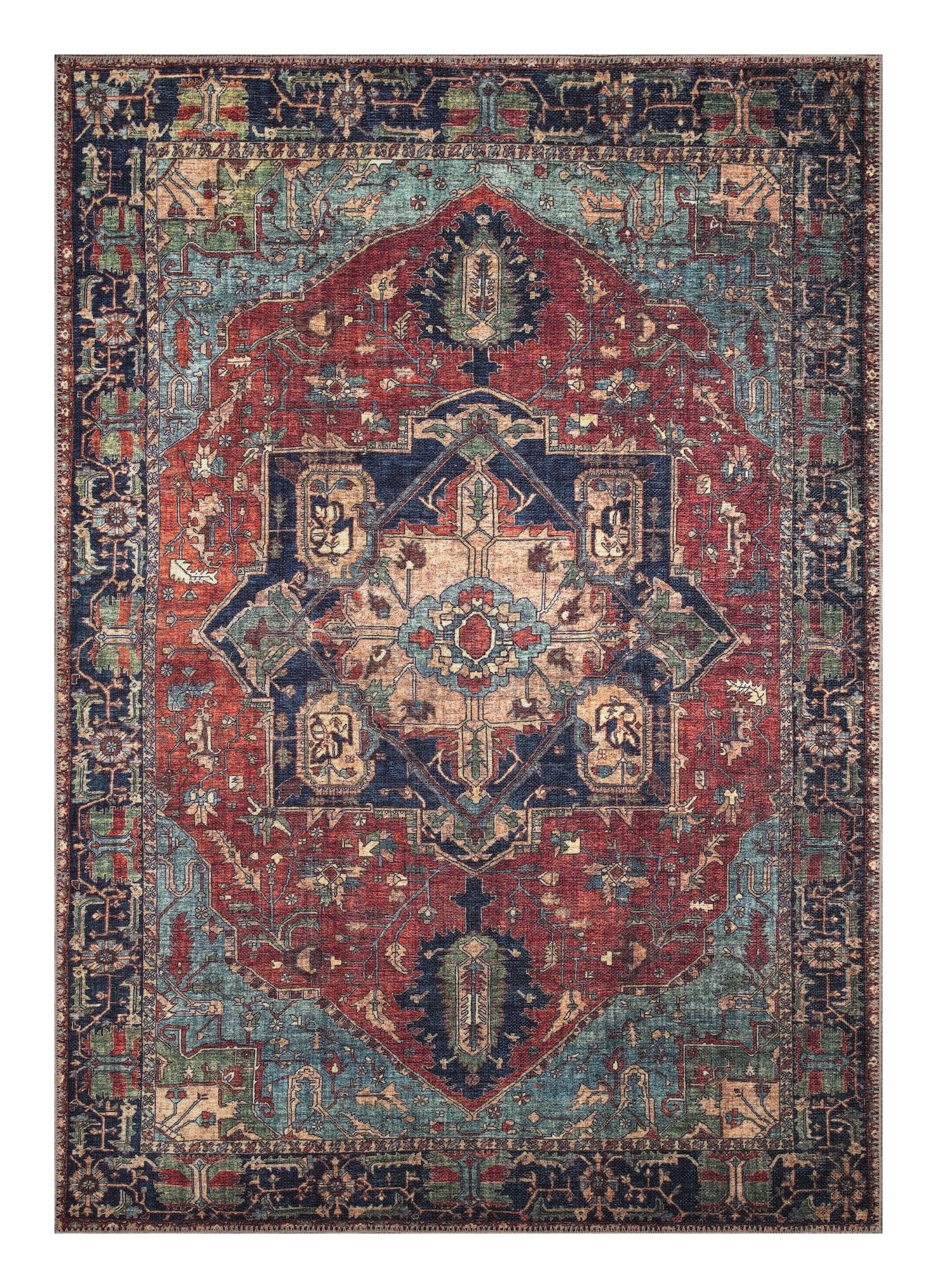 Antique Mahal Persian area rug in red and navy with all-over palmette design