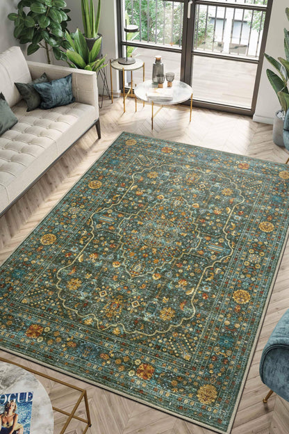 Esfahan Persian rug under a velvet sofa with brass accents