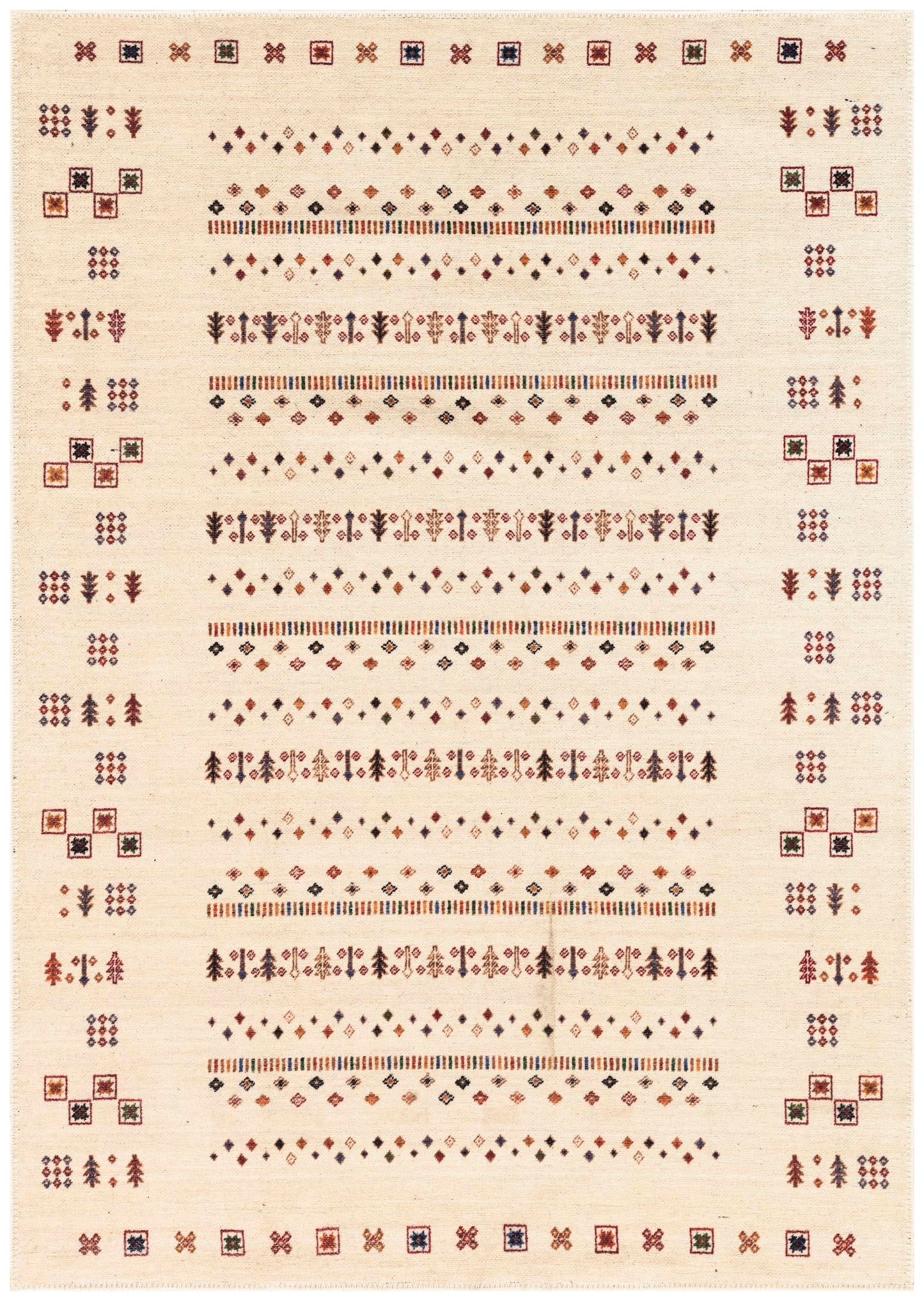 Antique Gabbeh-style banded area rug in ivory with multicolor tribal nomadic motifs