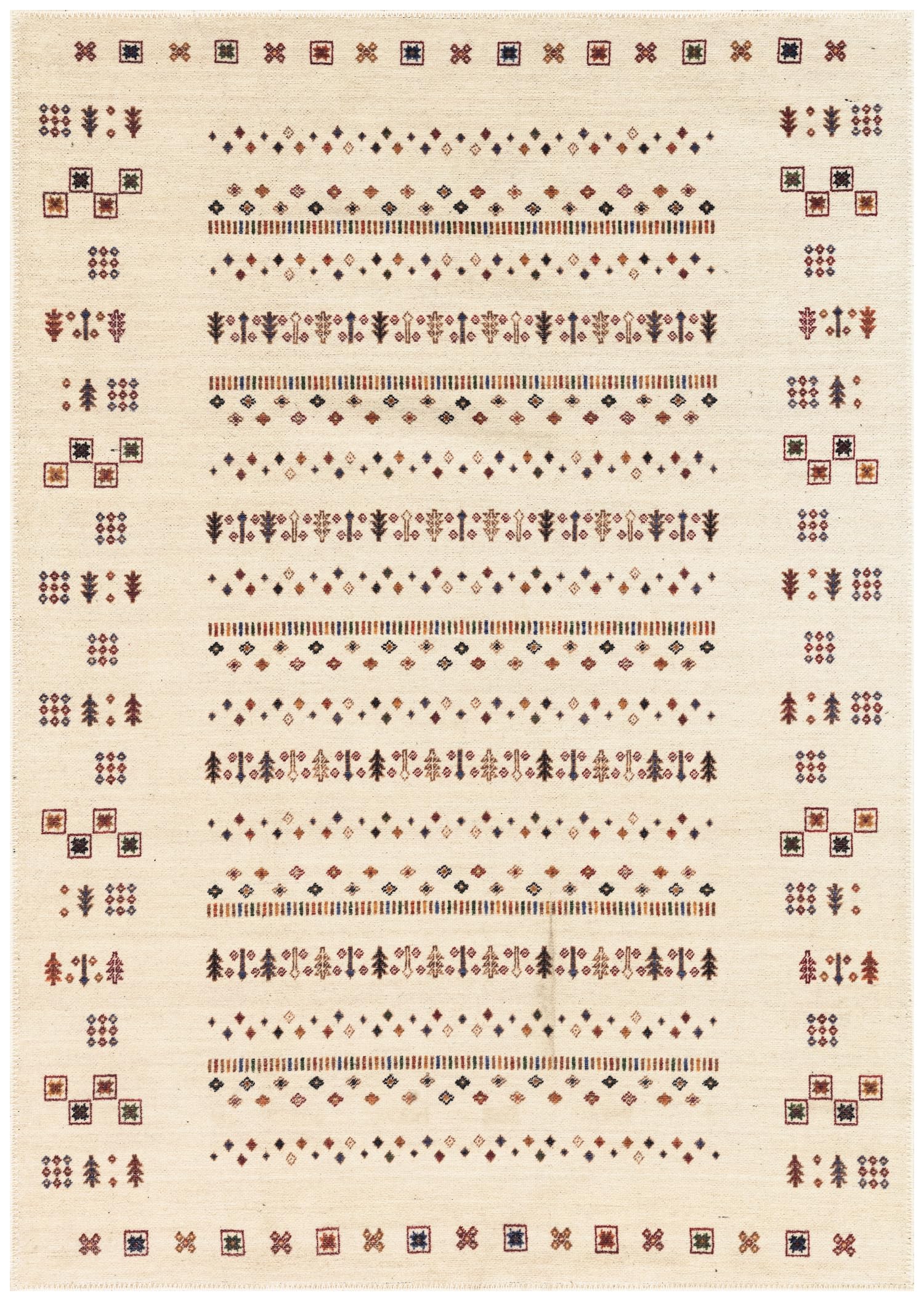 Antique Gabbeh-style banded area rug in ivory with multicolor tribal nomadic motifs
