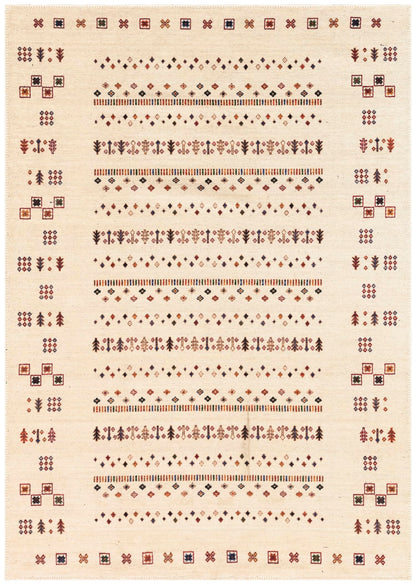 Antique Gabbeh-style banded area rug in ivory with multicolor tribal nomadic motifs