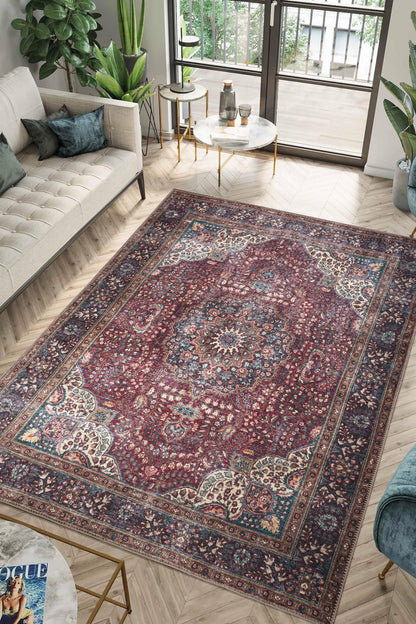 Tiderug Machine Washable Rugs, Red/Dark Beige
