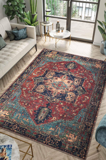 Brick red Mahal rug styled in a warm-traditional living room