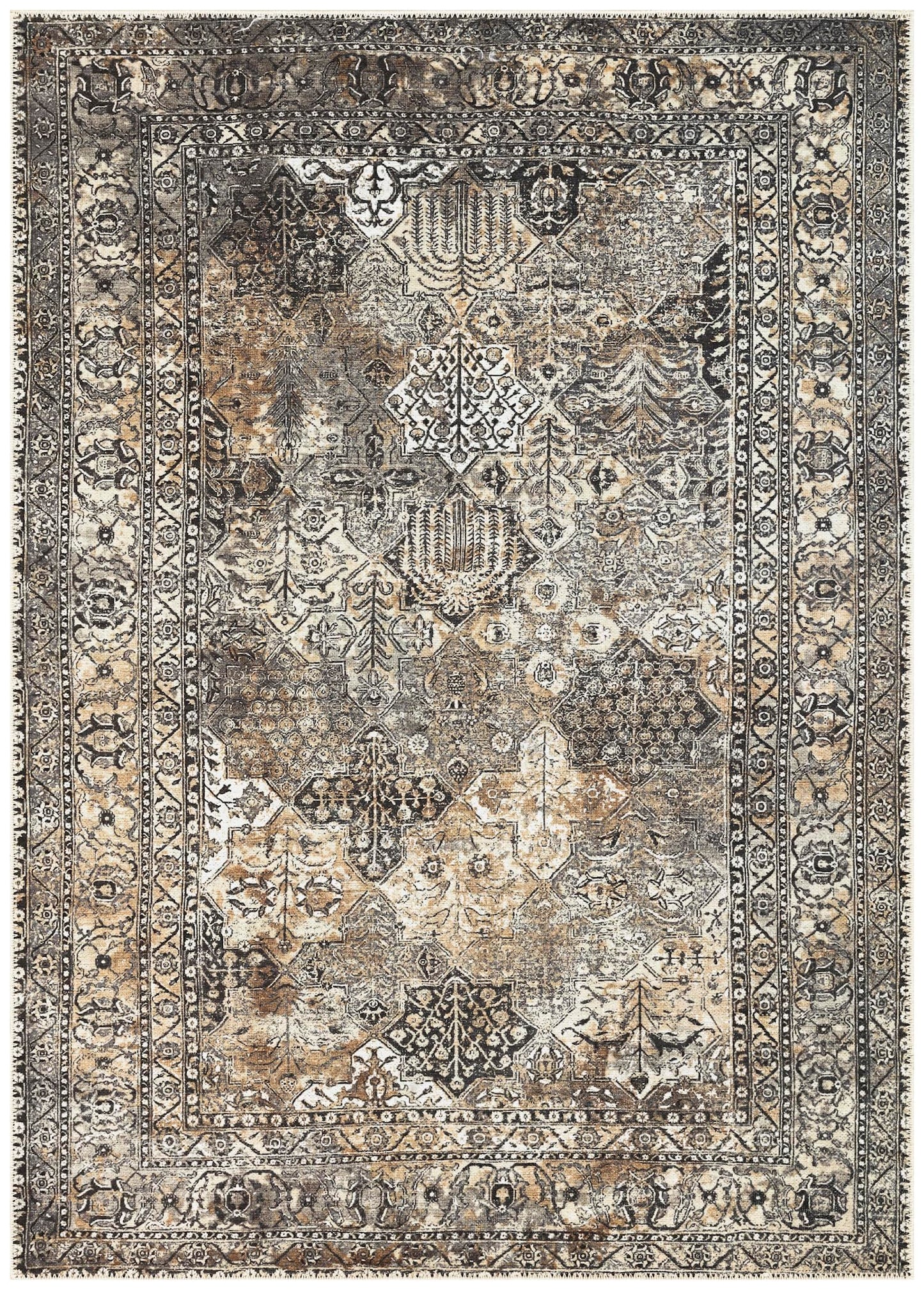 Modern Persian garden rug in anthracite gray and copper with Bakhtiari panel design