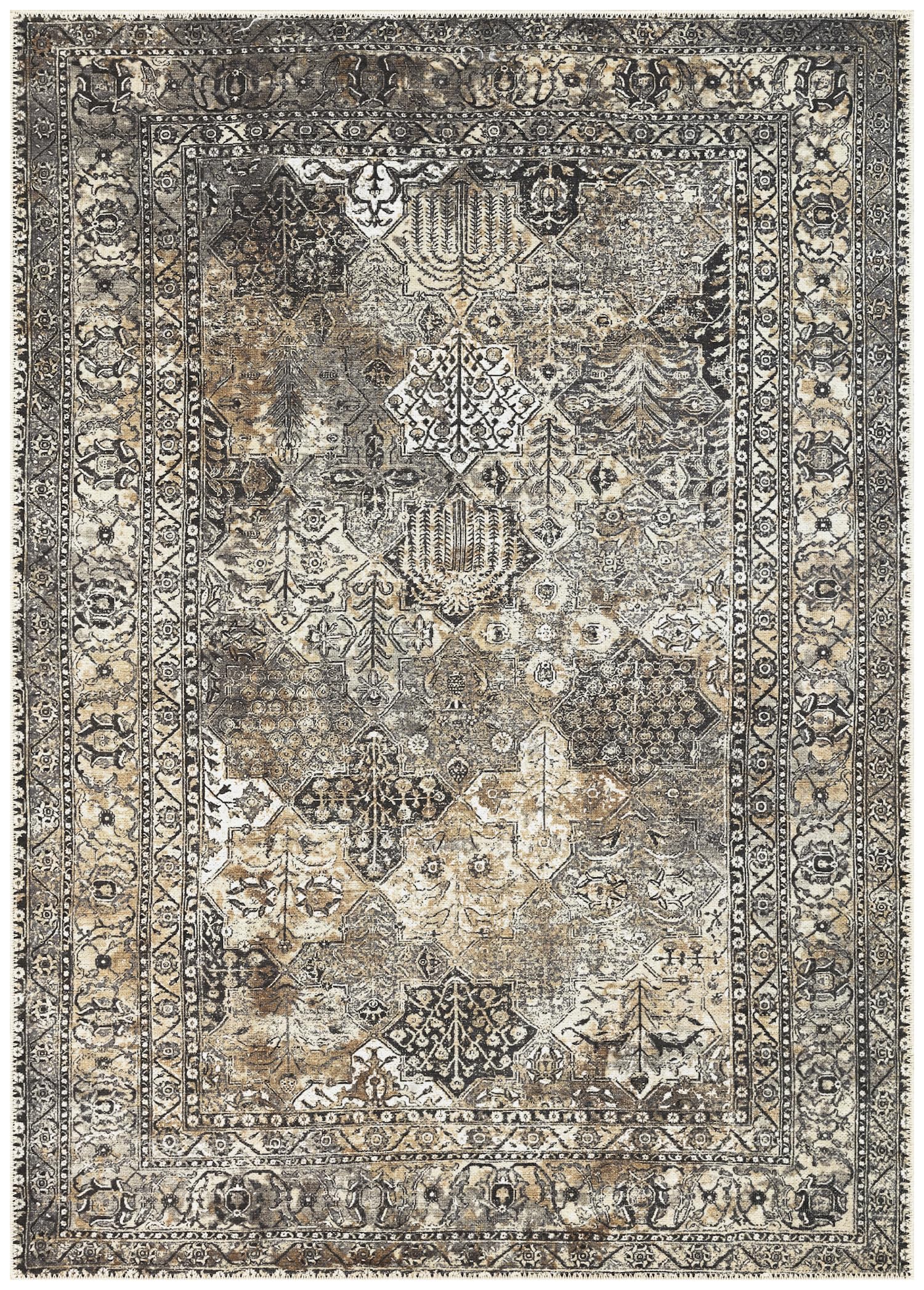 Modern Persian garden rug in anthracite gray and copper with Bakhtiari panel design