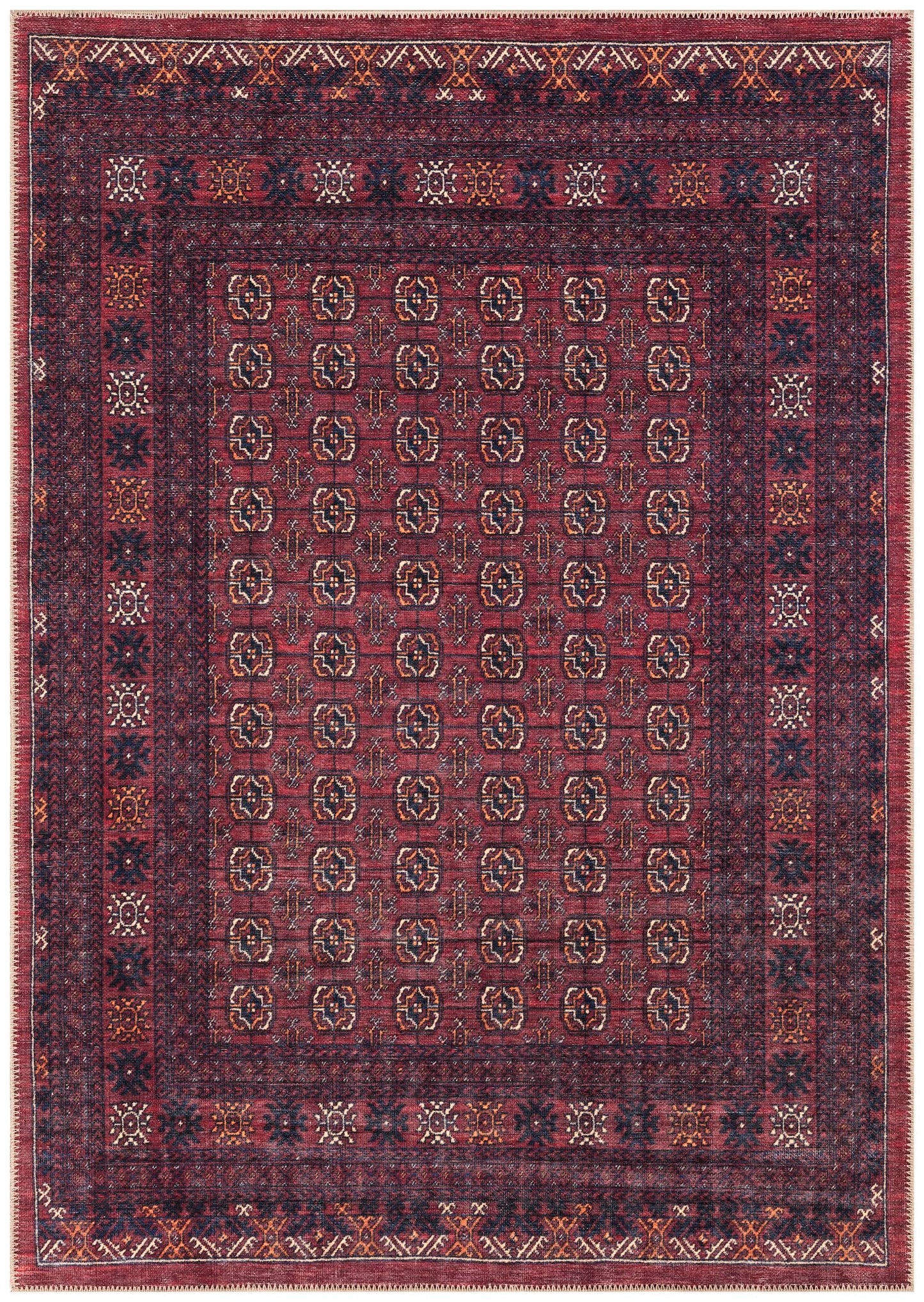 Striped Afghan Baluch area rug in burgundy and navy with horizontal tribal bands