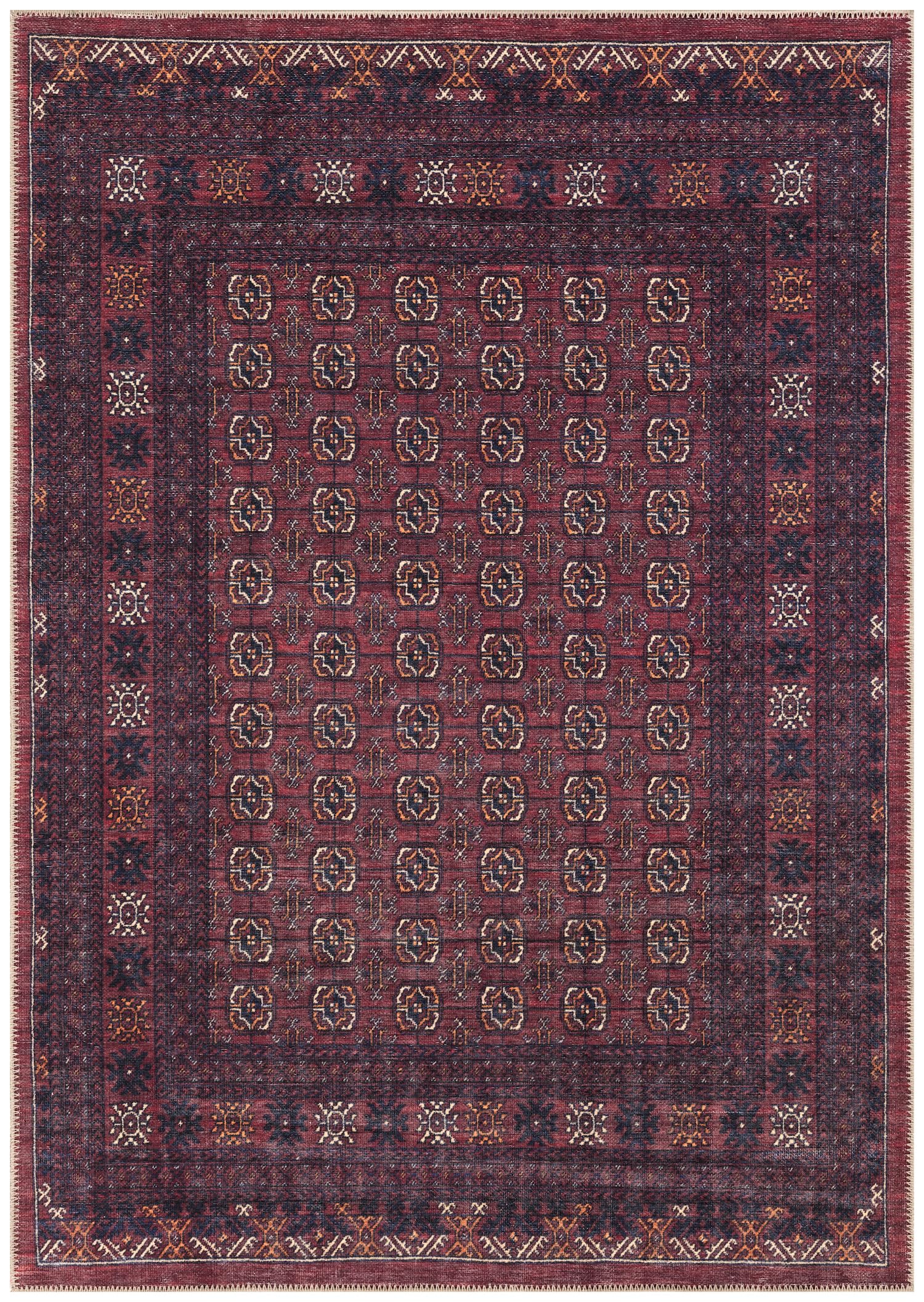 Striped Afghan Baluch area rug in burgundy and navy with horizontal tribal bands