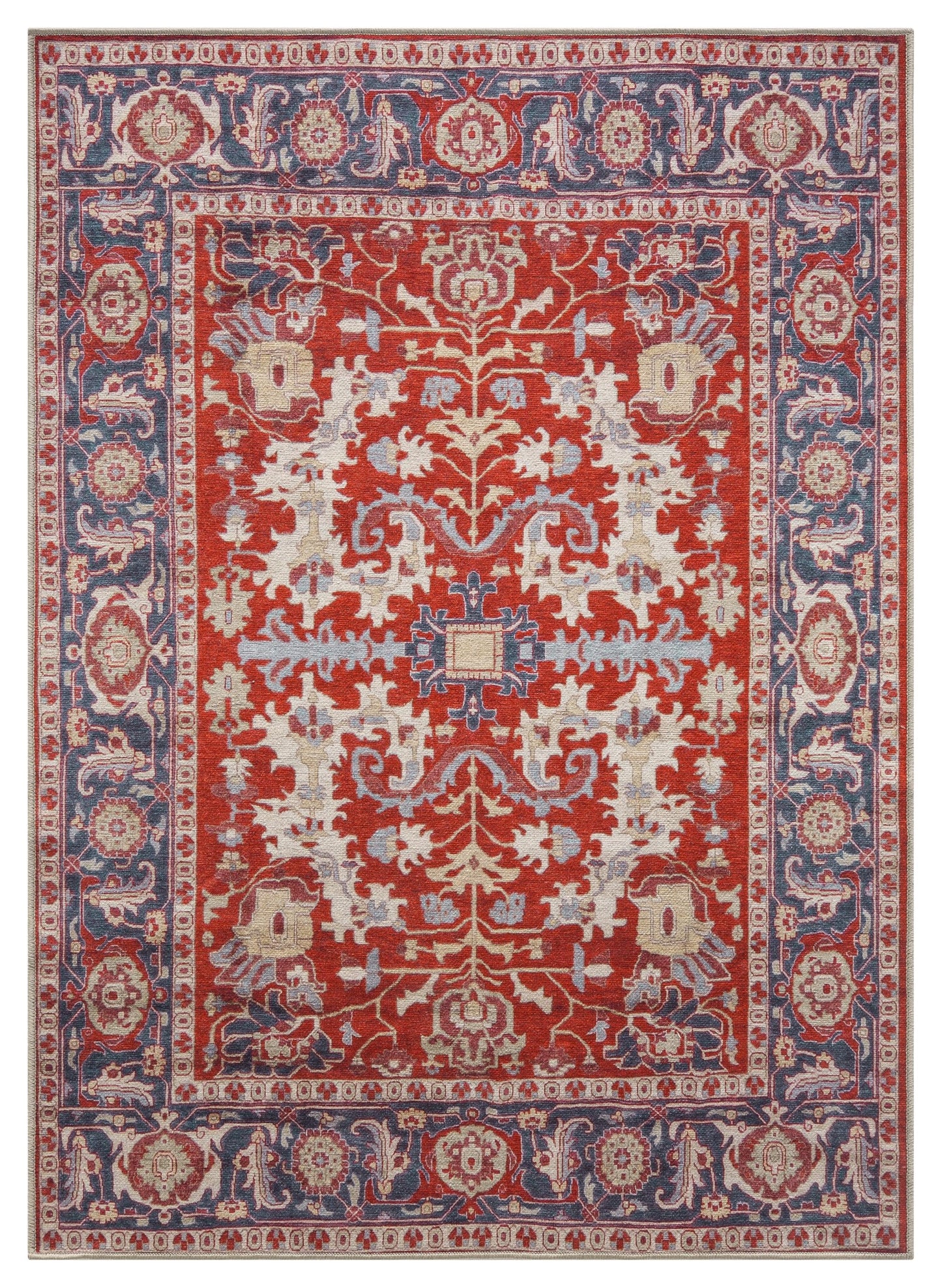 Antique Persian Serapi area rug in crimson red and teal blue with diamond medallion