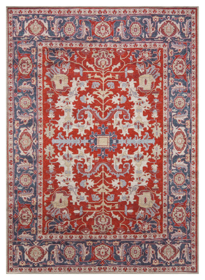 Antique Persian Serapi area rug in crimson red and teal blue with diamond medallion