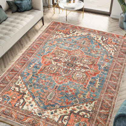 Indigo blue Heriz rug styled in a richly-collected traditional living room