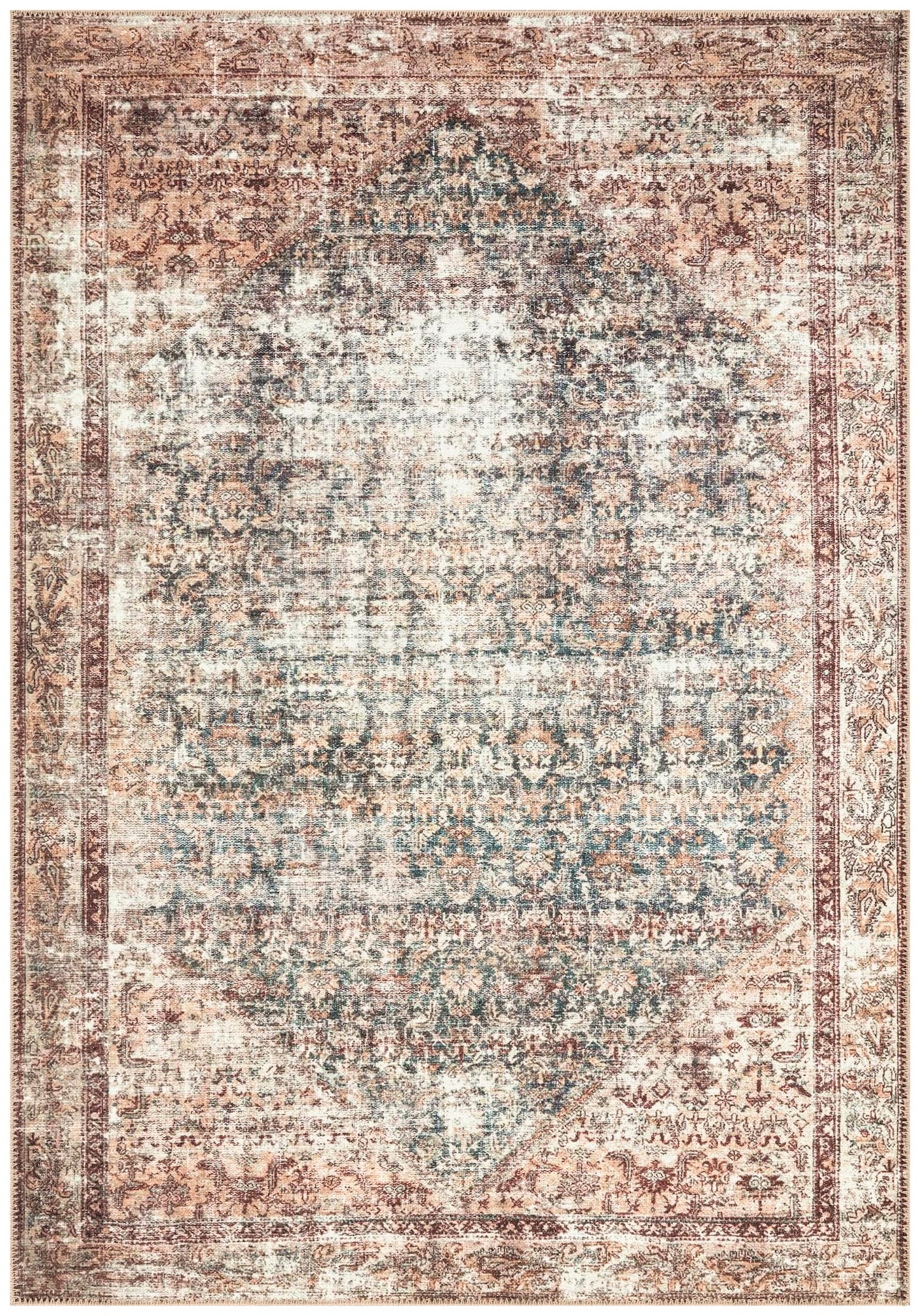 Antique Malayer Persian area rug in tan and teal with heavily distressed Herati pattern
