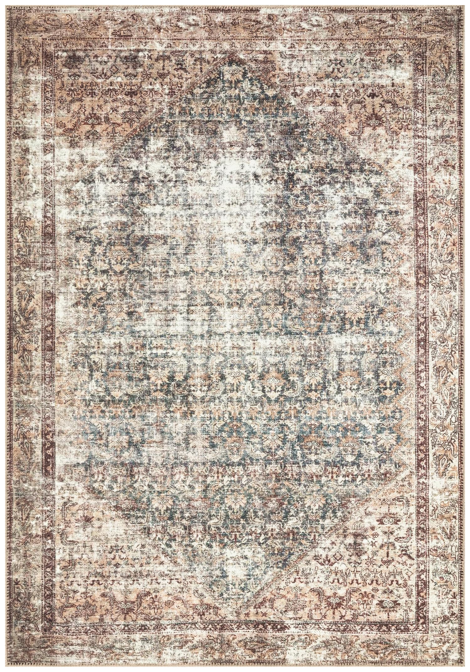 Antique Malayer Persian area rug in tan and teal with heavily distressed Herati pattern