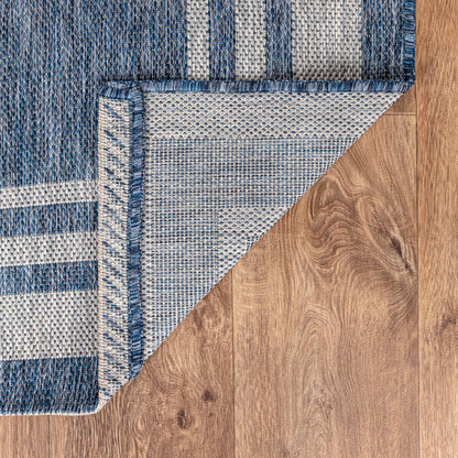 Bordered weatherproof rug beside swimming pool