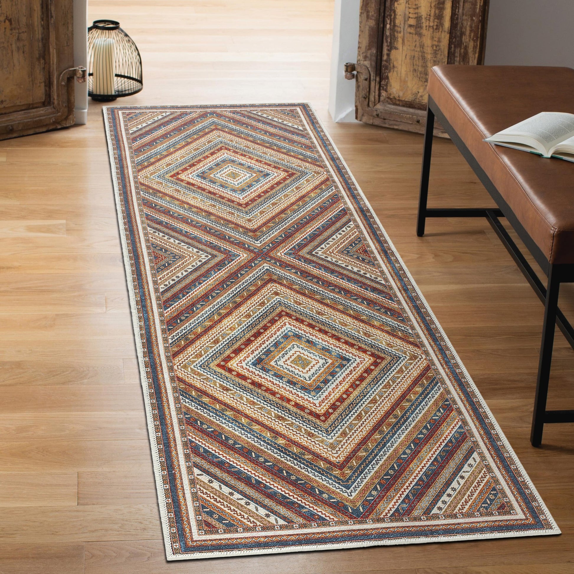 Cream Khotan diamond rug styled in a modern living room