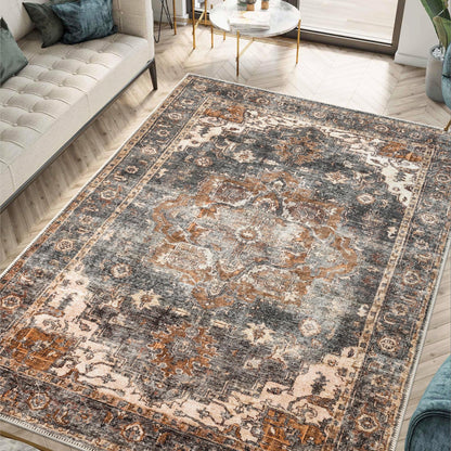Charcoal over-dyed Persian rug styled in a modern loft living room
