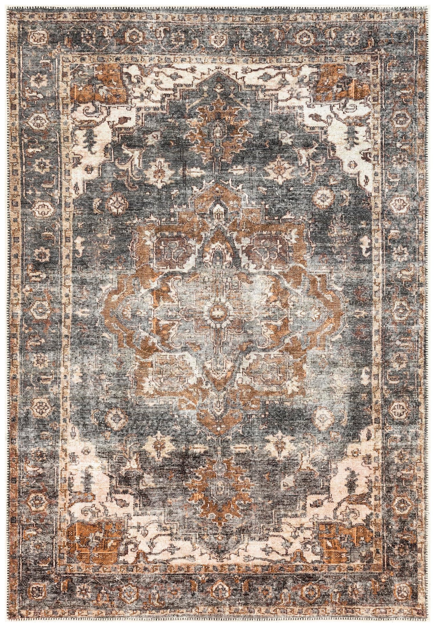 Modern over-dyed Persian area rug in charcoal gray and copper