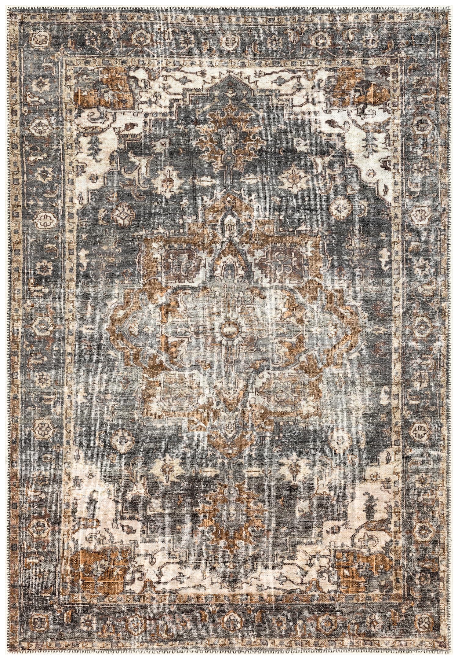 Modern over-dyed Persian area rug in charcoal gray and copper