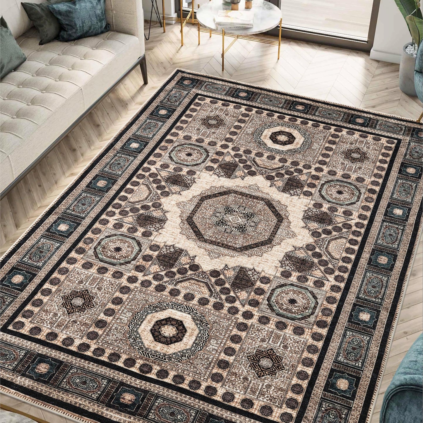 Beige and indigo Mamluk rug styled in a moody library