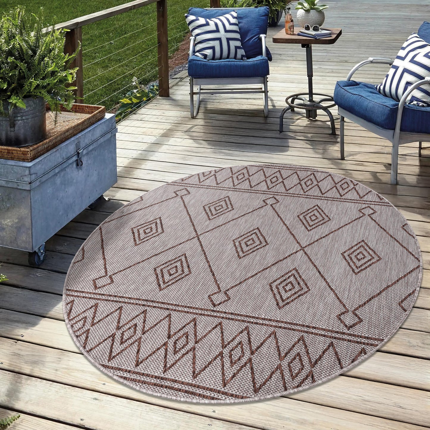 Brown weatherproof Berber rug on cedar deck with lounge chairs