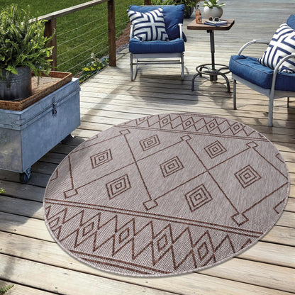 Brown weatherproof Berber rug on cedar deck with lounge chairs