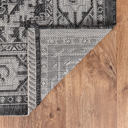 Persian medallion weatherproof rug beside swimming pool