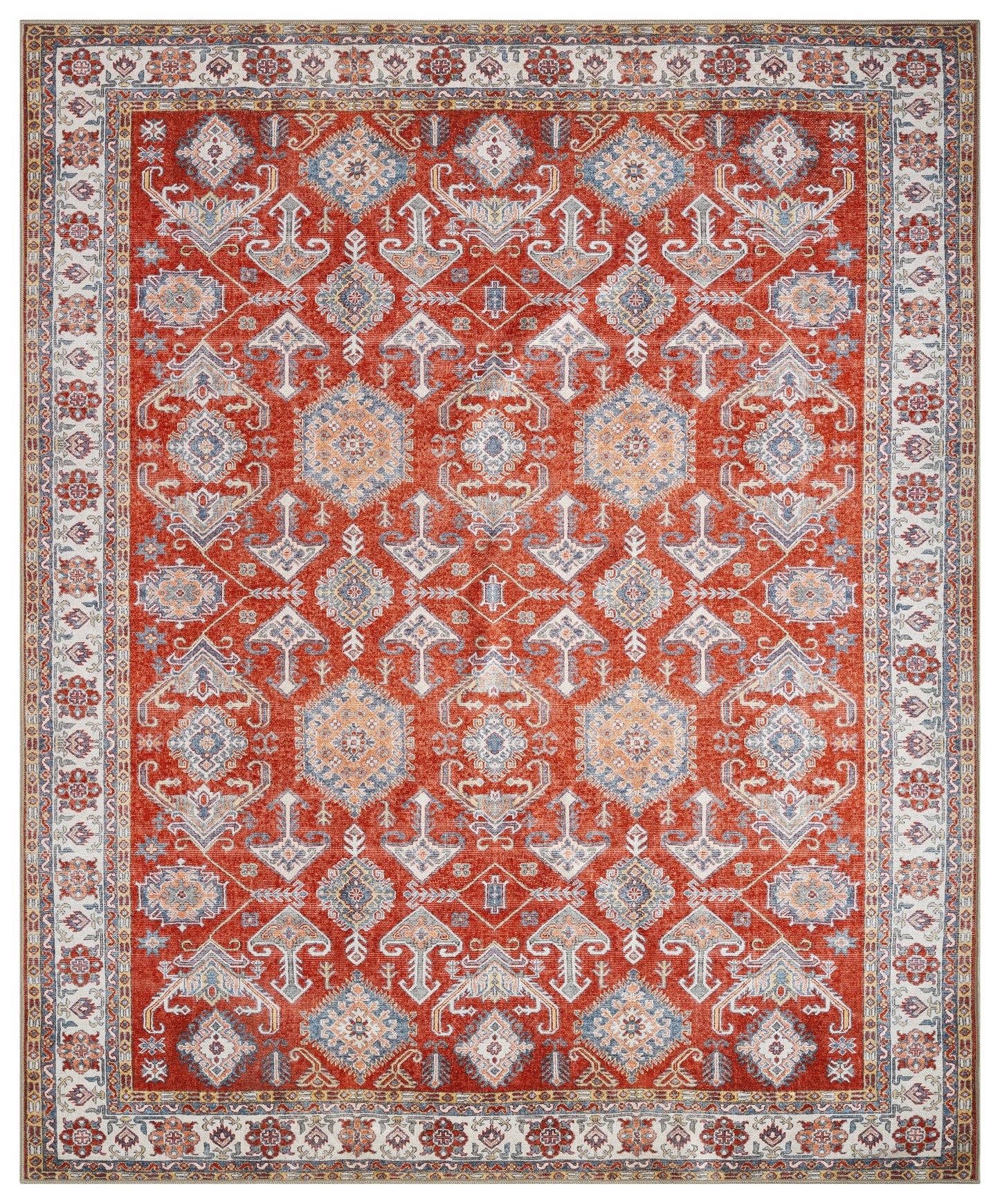 Top-down view of the red and cream antique Caucasian Kazak rug