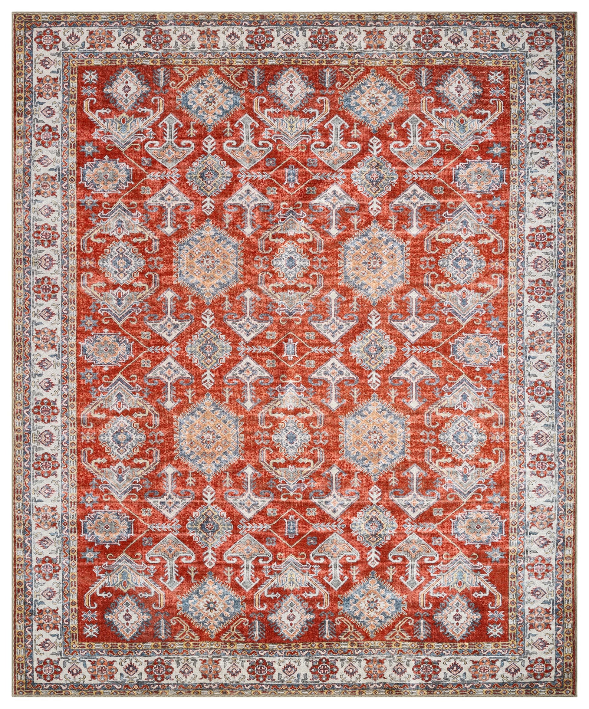 Top-down view of the red and cream antique Caucasian Kazak rug