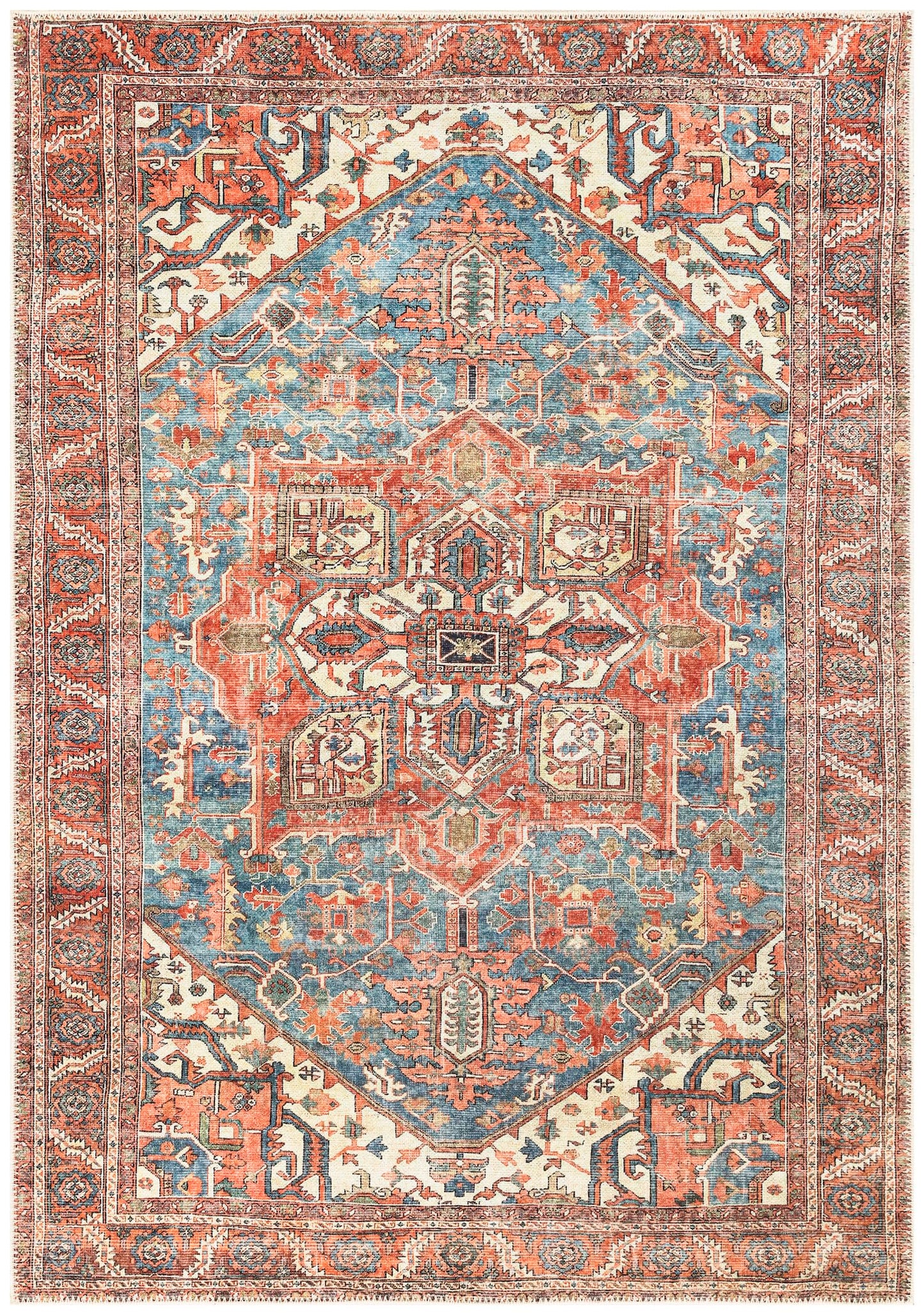 Antique Heriz Persian area rug in indigo blue and rust with reversed-color medallion