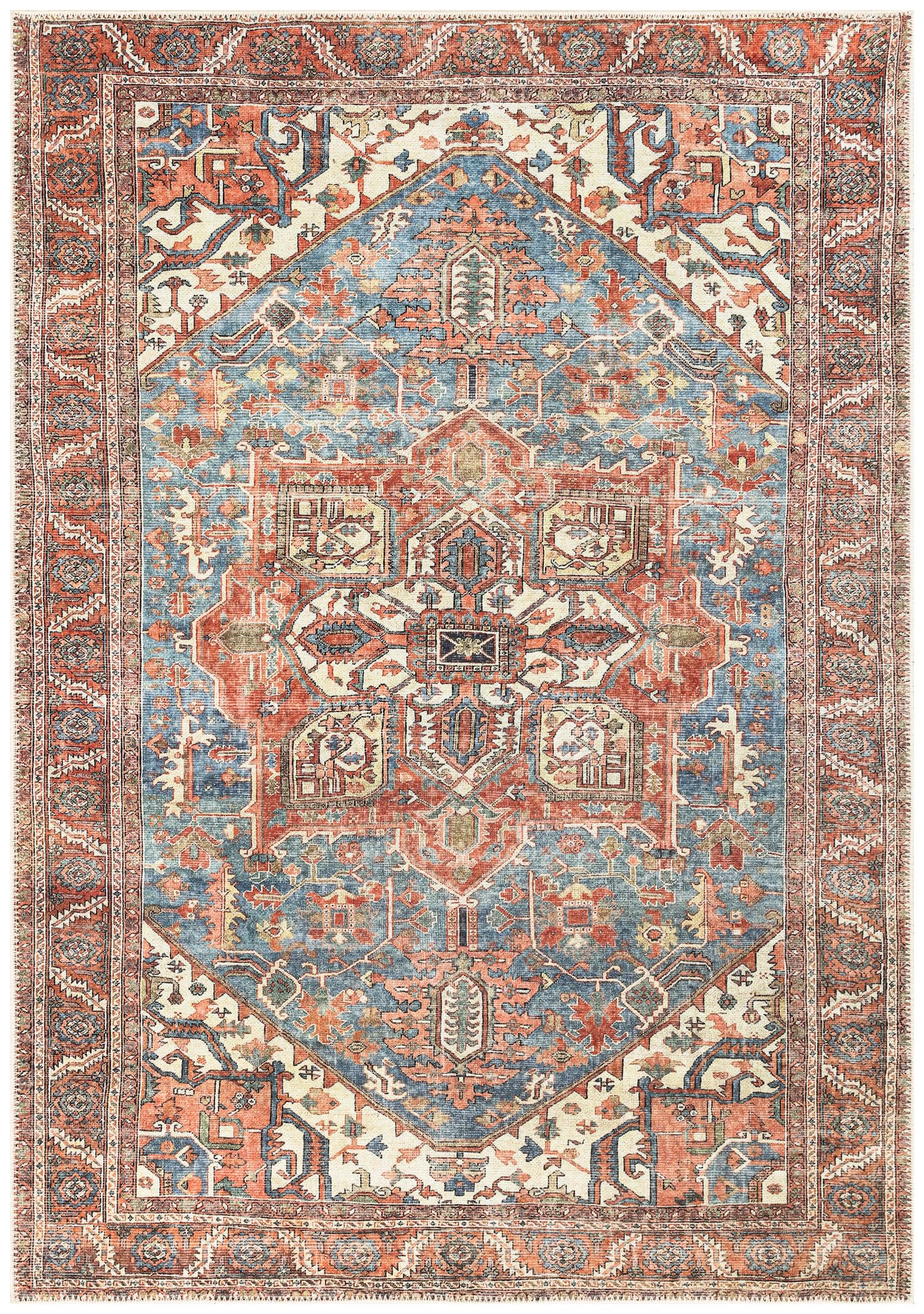 Antique Heriz Persian area rug in indigo blue and rust with reversed-color medallion