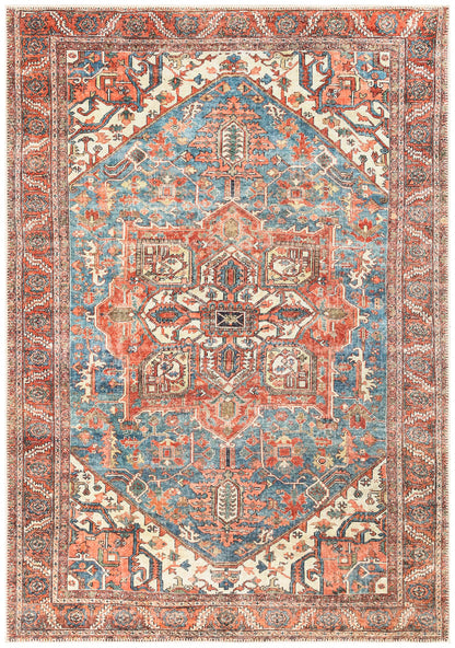 Antique Heriz Persian area rug in indigo blue and rust with reversed-color medallion