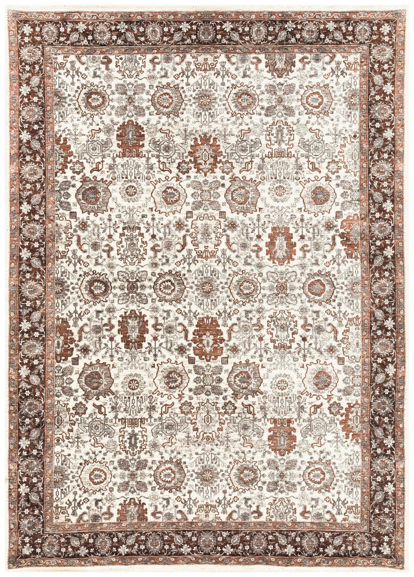 Sultanabad Ziegler-style Persian area rug in ivory and brown with all-over palmette design